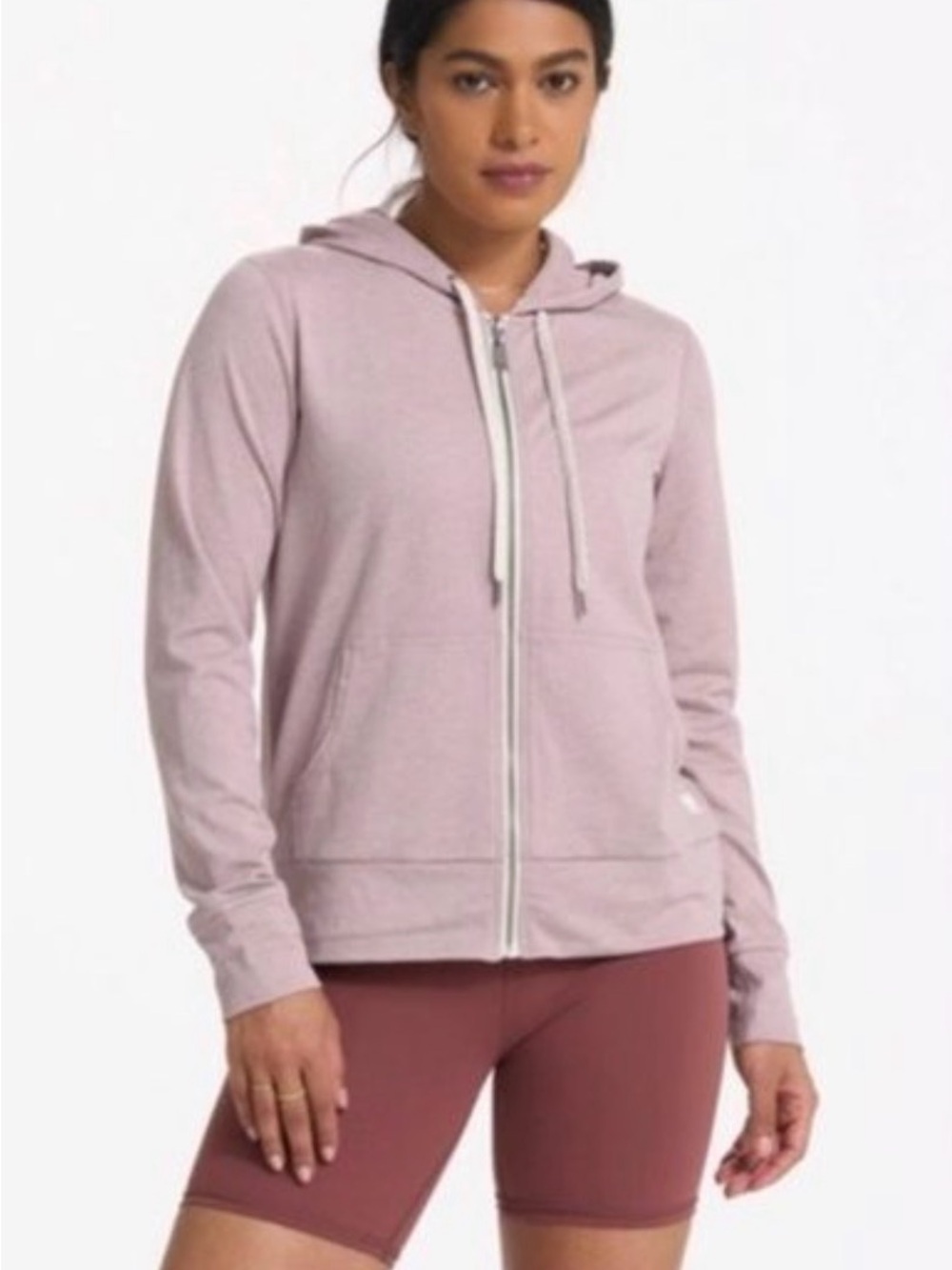 Vuori Women’s Halo Zip Heathered Pink Full-Zip Hoodie.